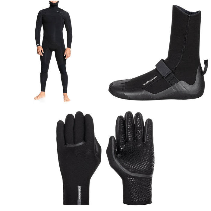 Quiksilver 5/4/3 Everyday Sessions Chest Zip Hooded Wetsuit + 5mm Everyday Sessions Round Toe Wetsuit Boots + 3mm Marathon Sessions 5 Finger Wetsuit Gloves