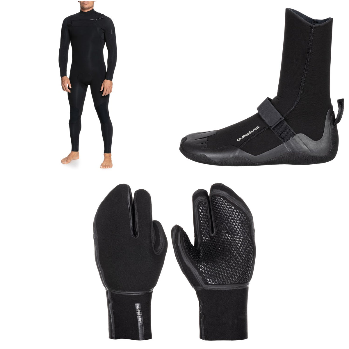 Quiksilver 5/4/3 Everyday Sessions Chest Zip GBS Wetsuit + 5mm Everyday Sessions Round Toe Wetsuit Boots + 5mm Marathon Sessions 3 Finger Wetsuit Mittens