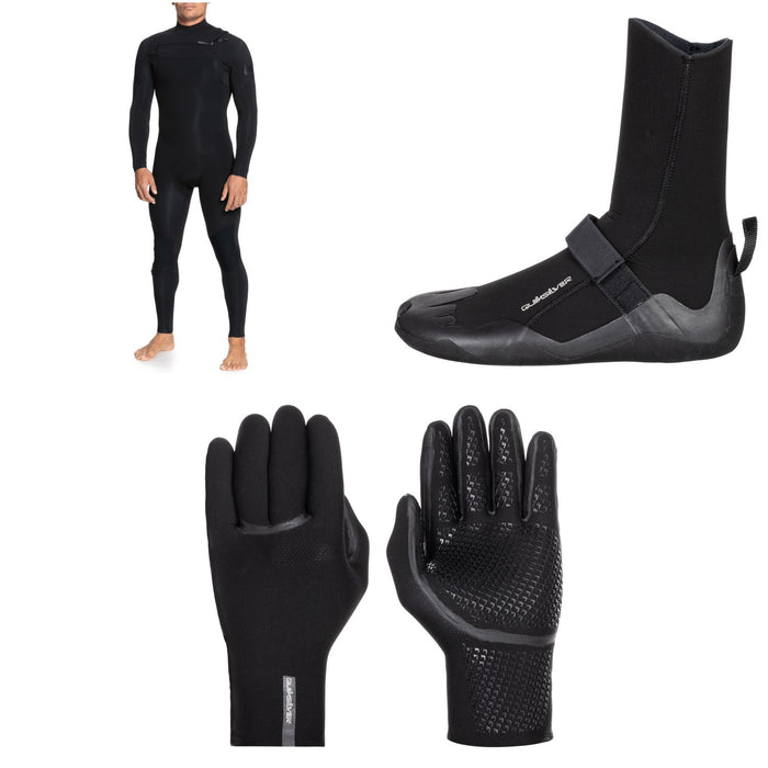 Quiksilver 5/4/3 Everyday Sessions Chest Zip GBS Wetsuit + 5mm Everyday Sessions Round Toe Wetsuit Boots + 3mm Marathon Sessions 5 Finger Wetsuit Gloves