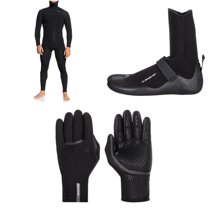 Quiksilver 4/3 Everyday Sessions Chest Zip Hooded Wetsuit + 3mm Everyday Sessions Split Toe Wetsuit Boots + 3mm Marathon Sessions 5 Finger Wetsuit Gloves