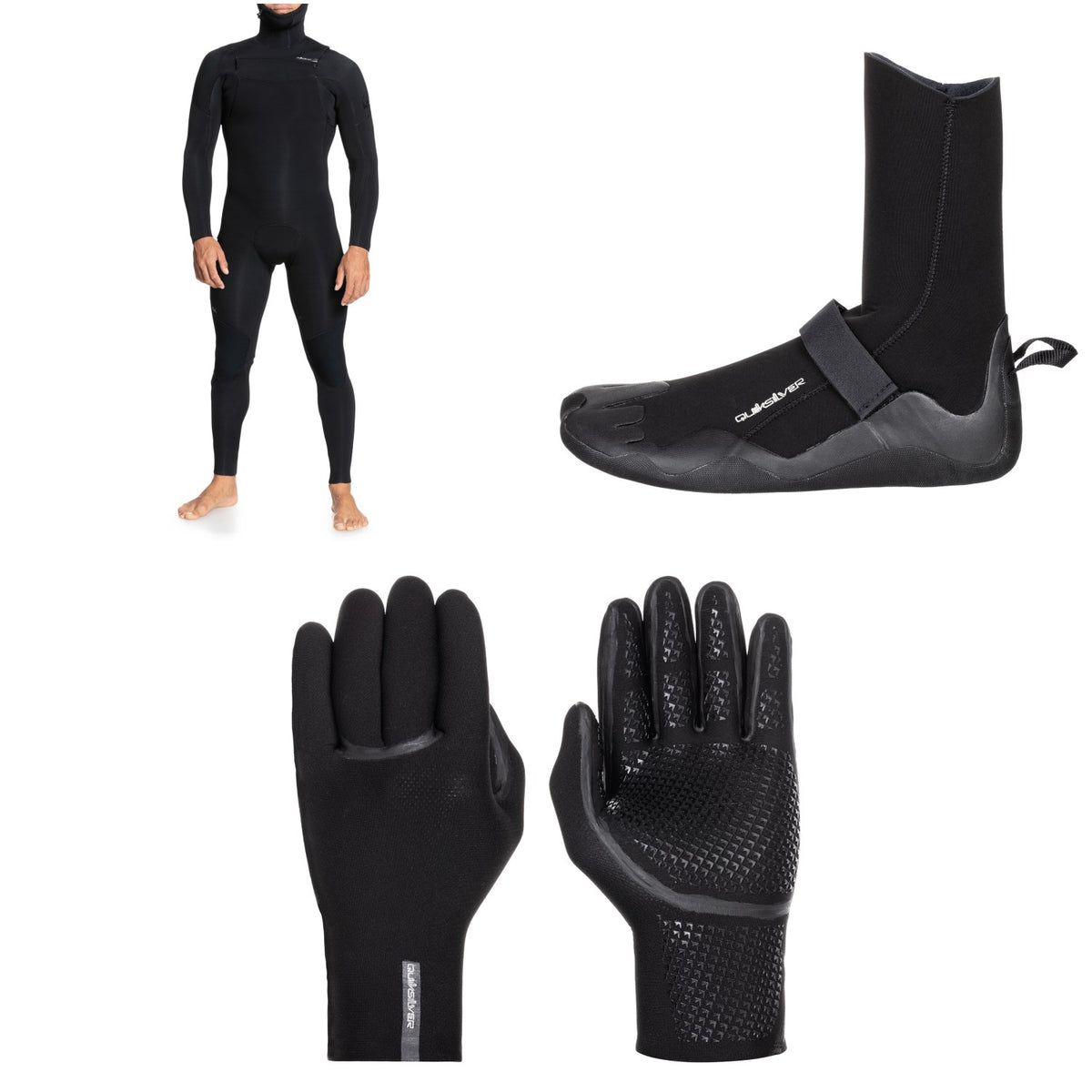 Quiksilver 4/3 Everyday Sessions Chest Zip Hooded Wetsuit + 3mm Everyday Sessions Round Toe Wetsuit Boots + 3mm Marathon Sessions 5 Finger Wetsuit Gloves