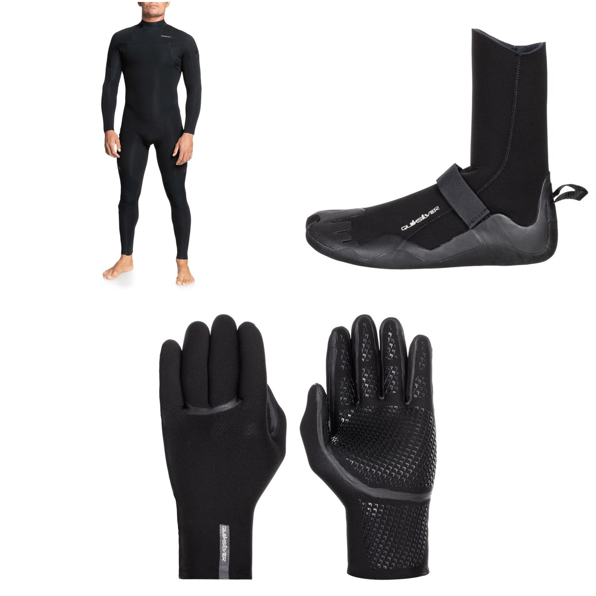 Quiksilver 4/3 Everyday Sessions Back Zip GBS Wetsuit + 3mm Everyday Sessions Round Toe Wetsuit Boots + 3mm Marathon Sessions 5 Finger Wetsuit Gloves