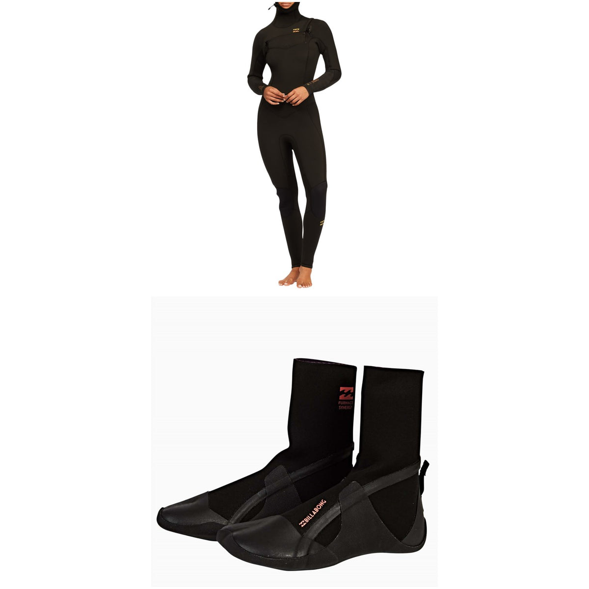 Billabong 5/4 Synergy Chest Zip Hooded Wetsuit + 5mm Furnace Synergy Split Toe Wetsuit Boots - Women's