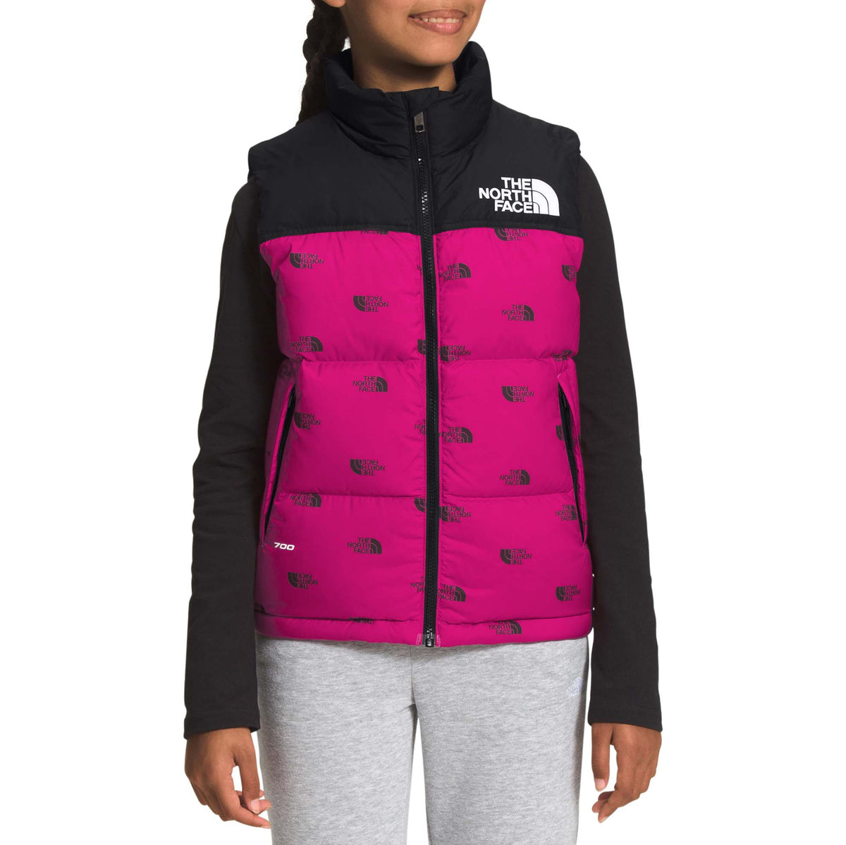 The North Face 1996 Retro Nuptse Vest - Kids' Fuschia Pink TNF Tossed Around Logo Small Print