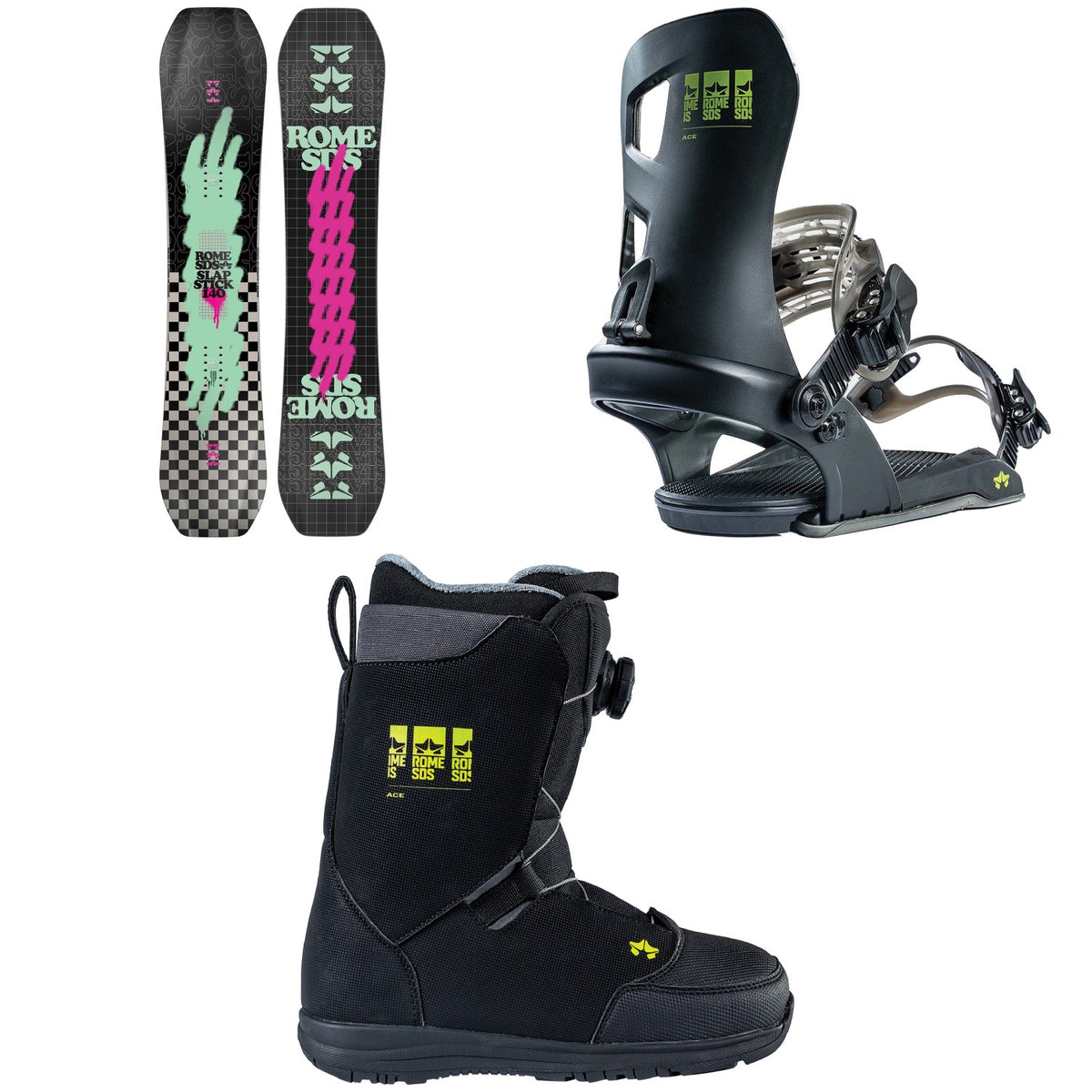 Rome Slapstick Snowboard + Ace Snowboard Bindings + Ace Snowboard Boots - Kids' 2024