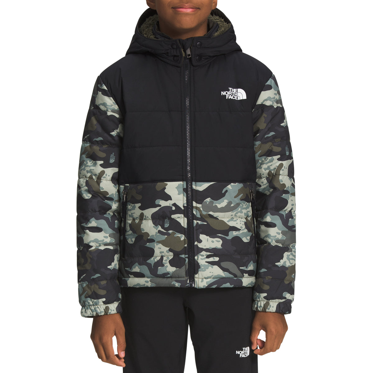 The North Face Printed Reversible Mount Chimbo Full Zip Hooded Jacket - Boys' New Taupe Green Never Stop Camo Print