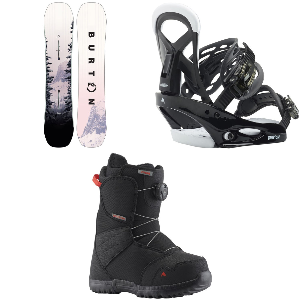 Burton Feelgood Smalls Snowboard + Mission Smalls Snowboard Bindings + Zipline Boa Snowboard Boots Kids' 2023