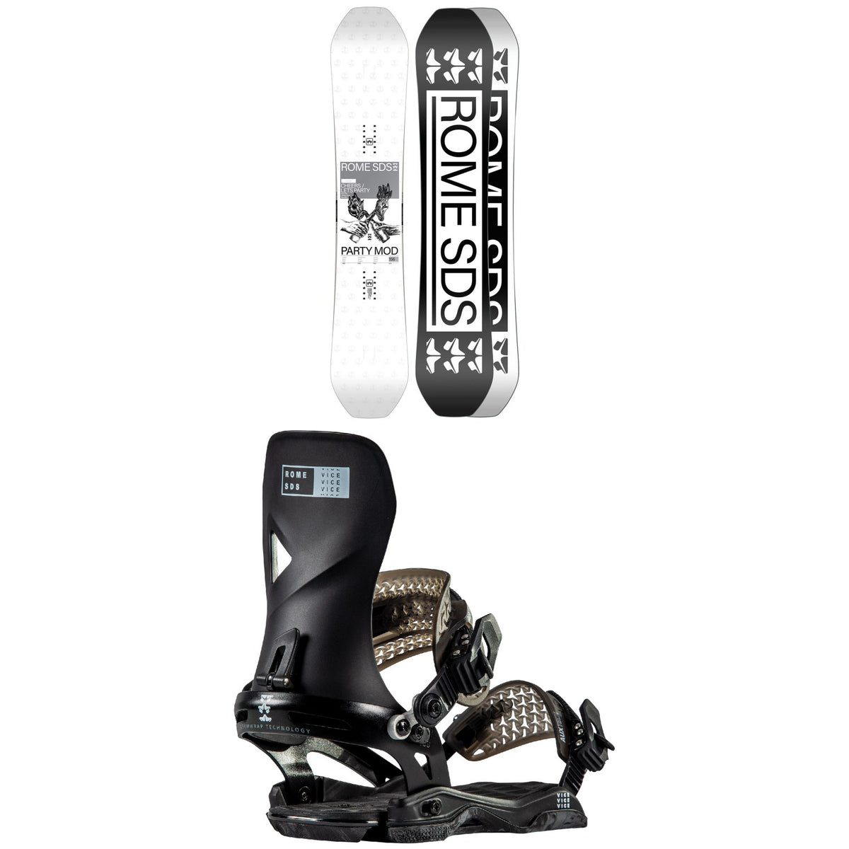 Rome Party Mod Snowboard + Vice Snowboard Bindings 2023