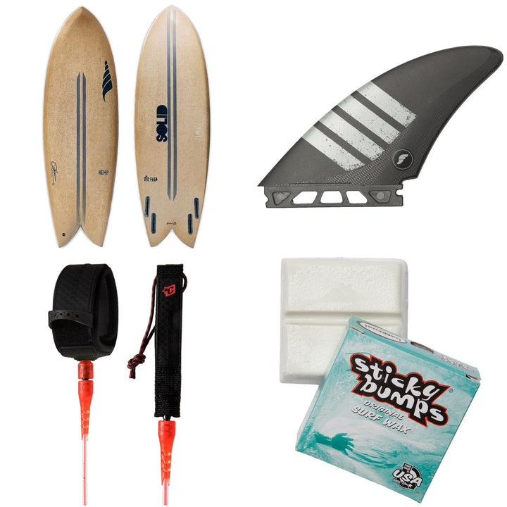 Solid Surf Co Throwback Surfboard + Futures Controller Alpha Quad Fin Set + Creatures of Leisure Pro 6' Surf Leash + Sticky Bumps Basecoat Wax