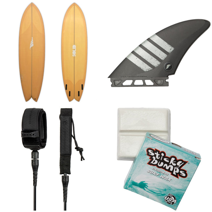 Solid Surf Co Pescador Surfboard + Futures Controller Alpha Quad Fin Set + Creatures of Leisure Pro 7' Surf Leash + Sticky Bumps Basecoat Wax