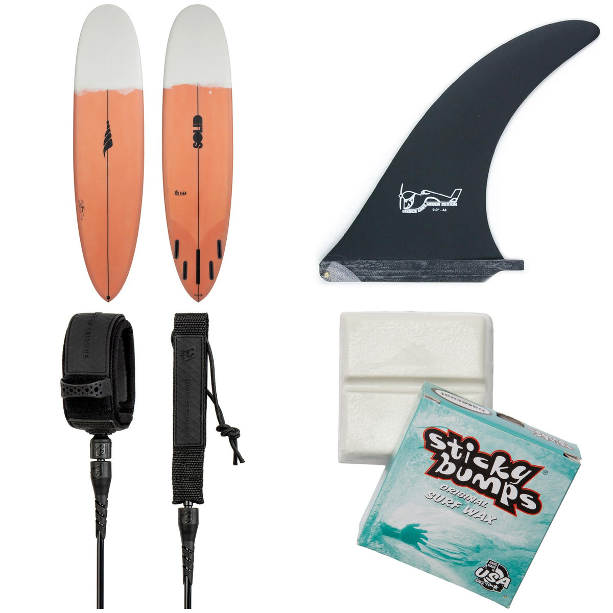 Solid Surf Co EZ Street Surfboard + True Ames Greenough 4-A Longboard Fin + Creatures of Leisure Pro 8' Surf Leash + Sticky Bumps Basecoat Wax
