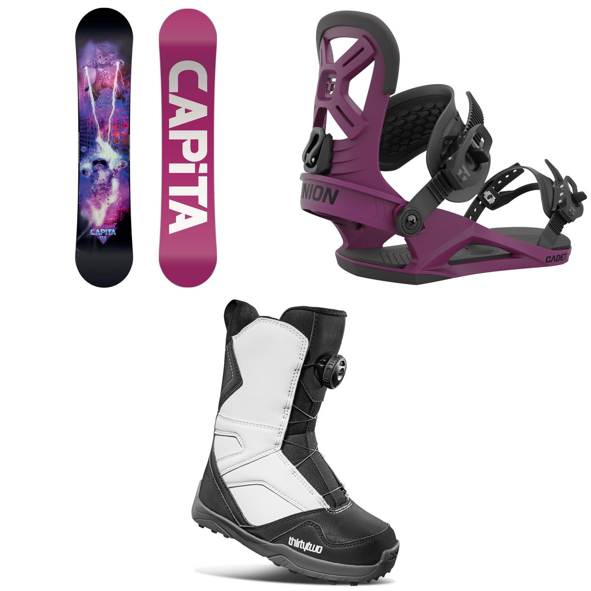 CAPiTA Jess Kimura Mini Snowboard  + Union Cadet Snowboard Bindings + thirtytwo Kids Boa Snowboard Boots - Kids' 2023