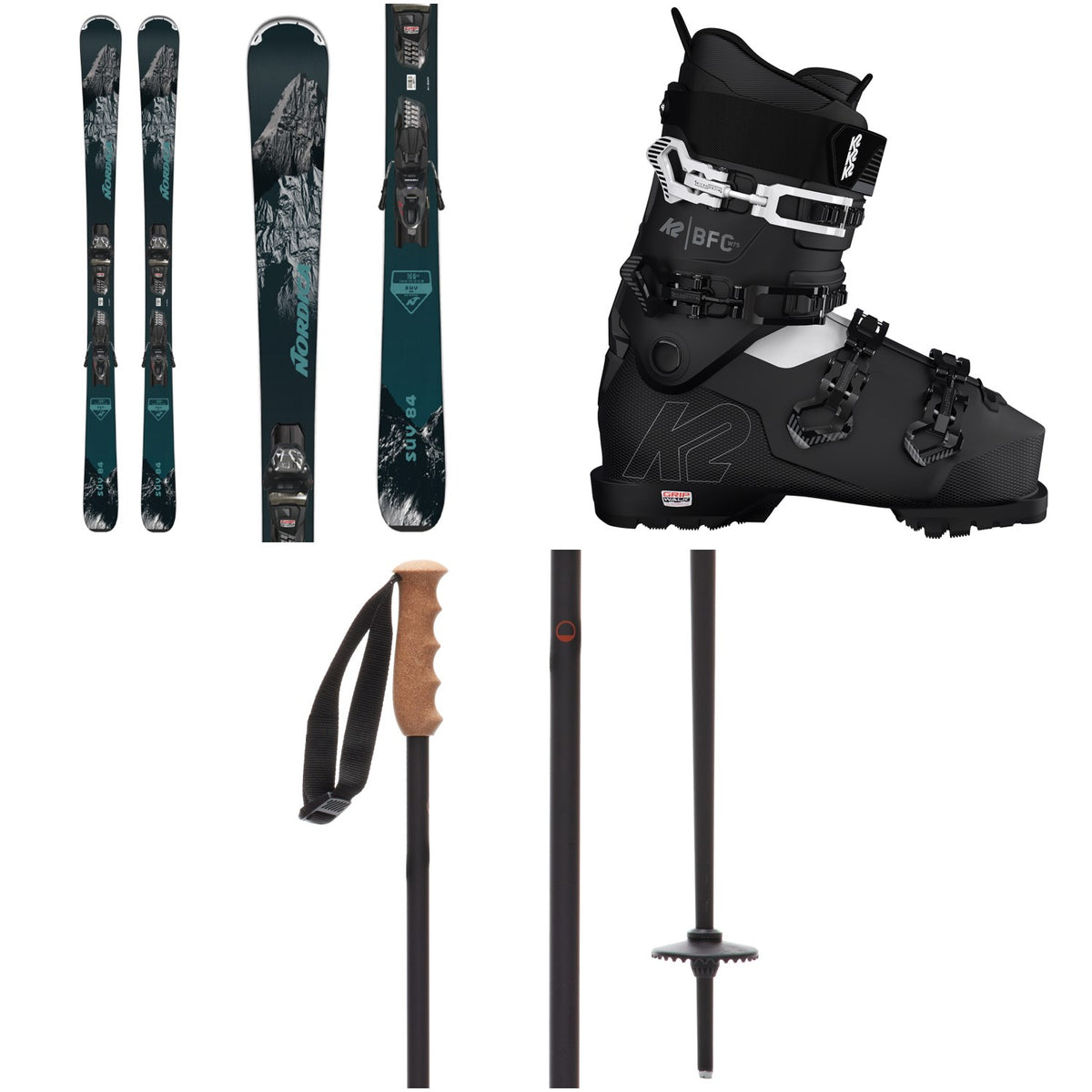 Nordica SUV 84 + TP2 Compact FDT Ski Bindings + K2 BFC W 75 Ski Boots - Women's + Season Aluminum Ski Poles 2023