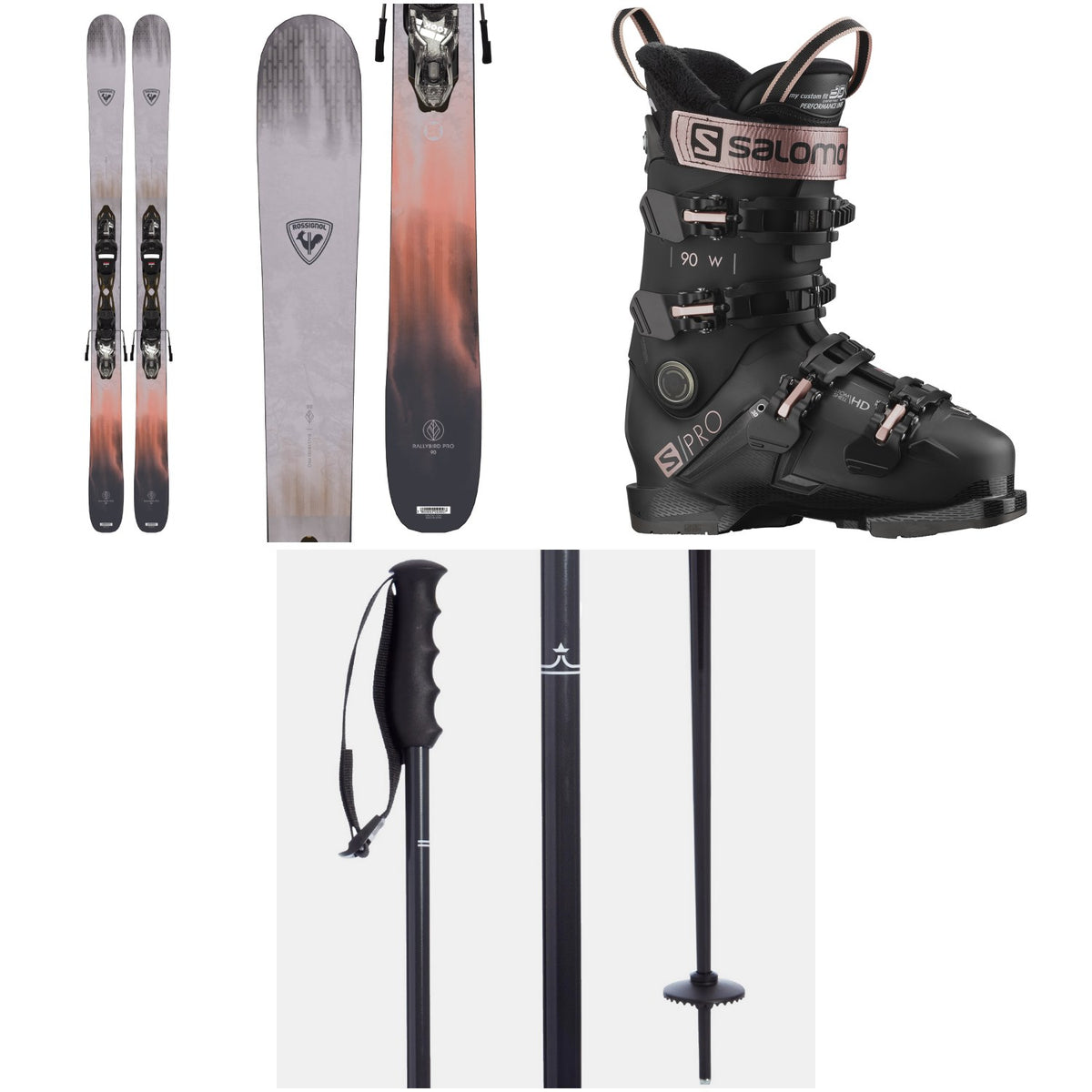 Rossignol Rallybird 90 Pro Skis + Xpress 10W GW Bindings + Salomon S/Pro 90 W GW Ski Boots - Women's + evo Merge Ski Poles 2023