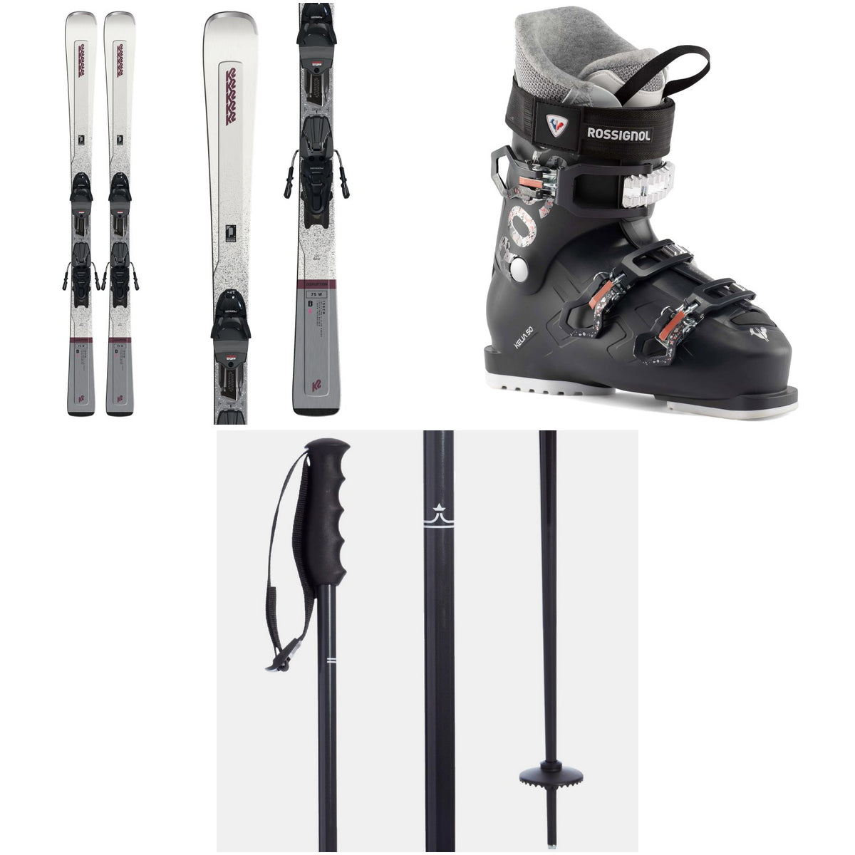 K2 Disruption 75 Skis + ERP 10 Bindings + Rossignol Kelia 50 Ski Boots - Women's + evo Merge Ski Poles 2023