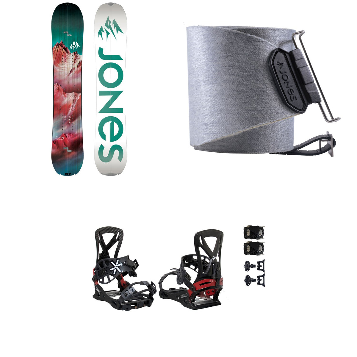 Jones Dream Weaver Splitboard - Women's 2023 + Nomad Quick Tension Tail Clip Splitboard Skins + Karakoram PRIME Grizzly + Split Interface Splitboard Bindings 2023