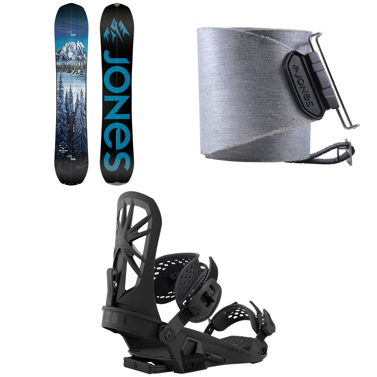 Jones Frontier Splitboard + Nomad Quick Tension Tail Clip Splitboard Skins + Union Explorer Splitboard Bindings 2023