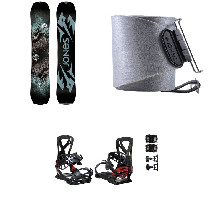 Jones Mountain Twin Splitboard + Nomad Quick Tension Tail Clip Splitboard Skins + Karakoram PRIME Grizzly + Split Interface Splitboard Bindings 2023