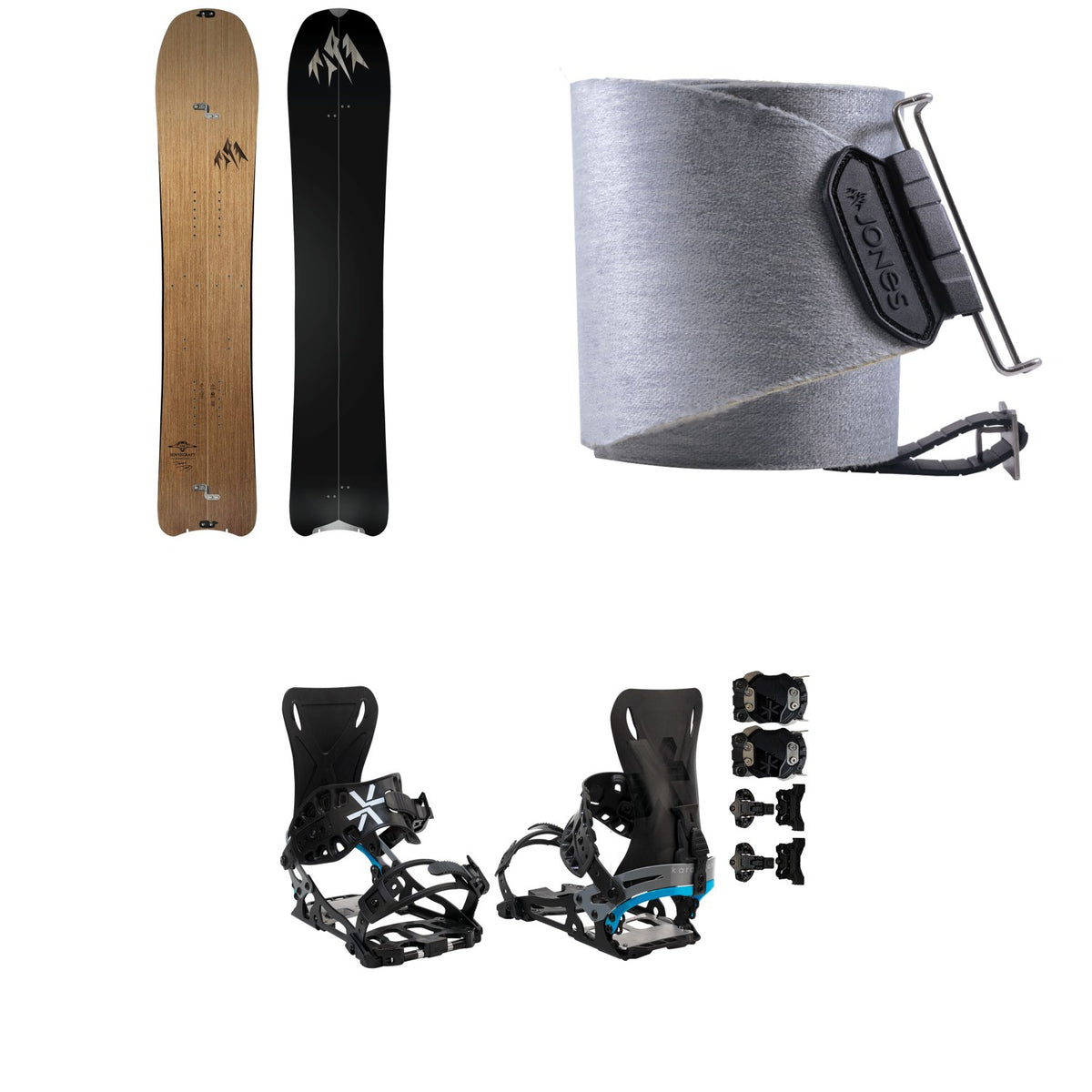 Jones Hovercraft Splitboard + Nomad Quick Tension Tail Clip Splitboard Skins + Karakoram PRIME NOMAD + Split Interface Splitboard Bindings 2023