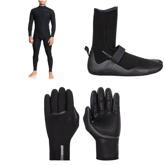 Quiksilver 4/3 Everyday Sessions Back Zip GBS Wetsuit + 3mm Everyday Sessions Round Toe Wetsuit Boots + 3mm Marathon Sessions 5 Finger Wetsuit Gloves