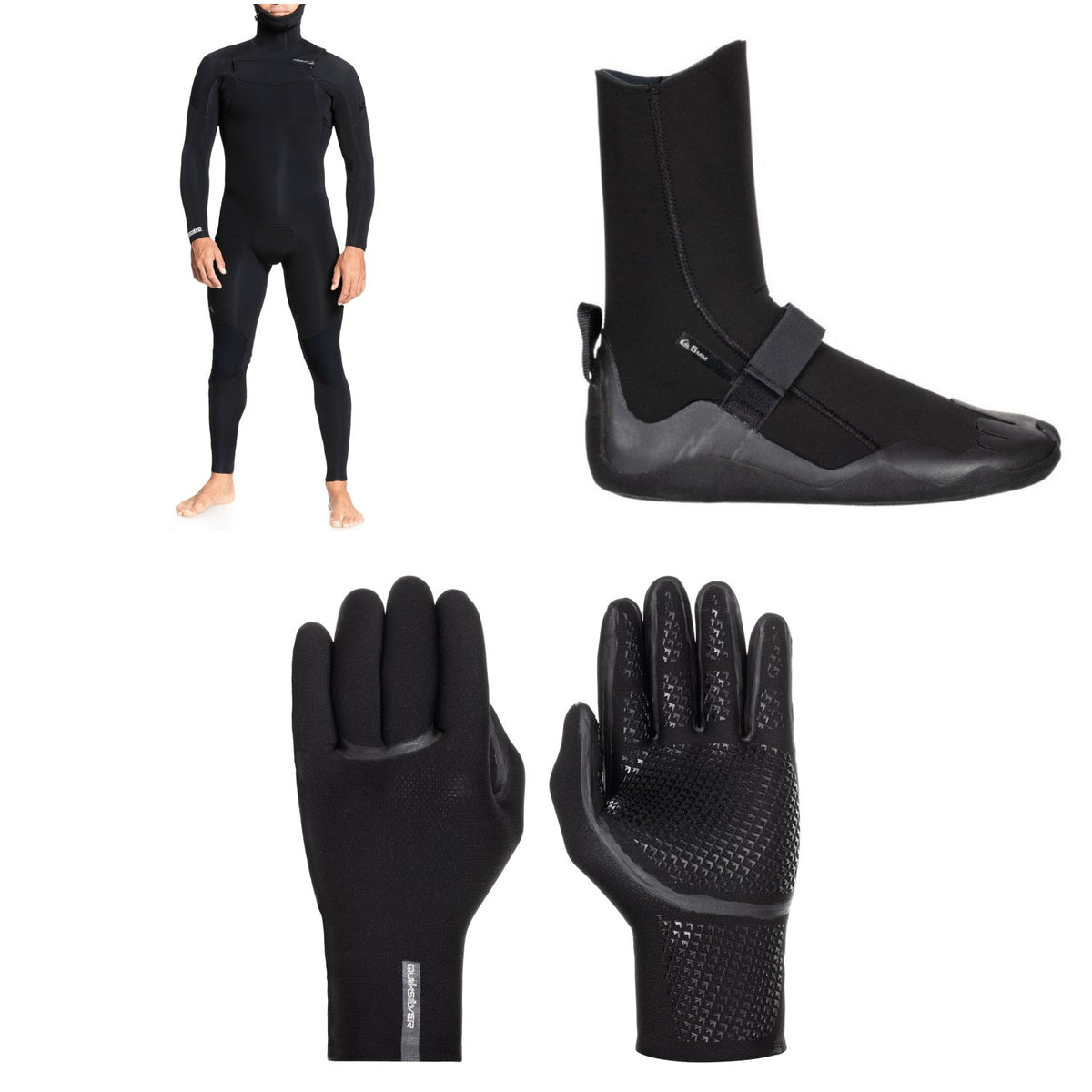 Quiksilver 5/4/3 Everyday Sessions Chest Zip Hooded Wetsuit + 5mm Everyday Sessions Round Toe Wetsuit Boots + 3mm Marathon Sessions 5 Finger Wetsuit Gloves
