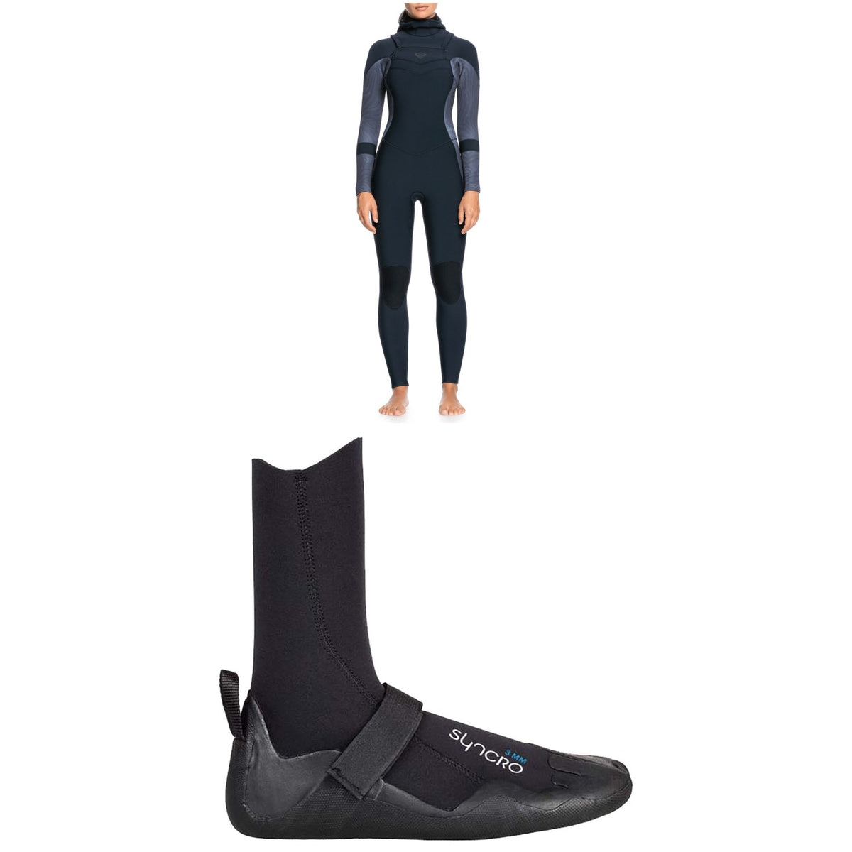 Roxy 5/4/3 Syncro Chest Zip GBS Hooded Wetsuit + Syncro 5mm Round Toe Wetsuit Boots - Women's