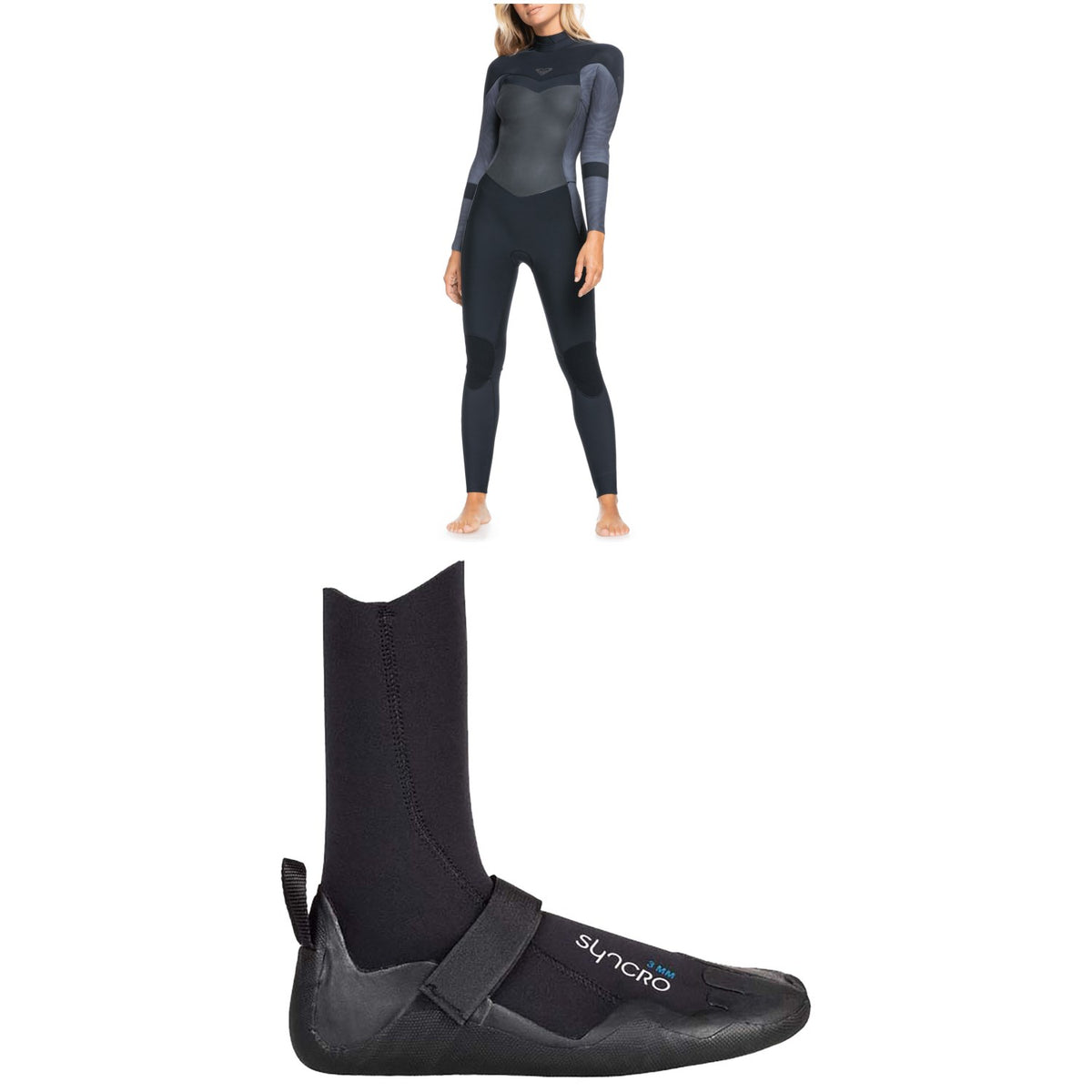 Roxy 5/4/3 Syncro Back Zip GBS Wetsuit + 5mm Syncro Round Toe Wetsuit Boots - Women's