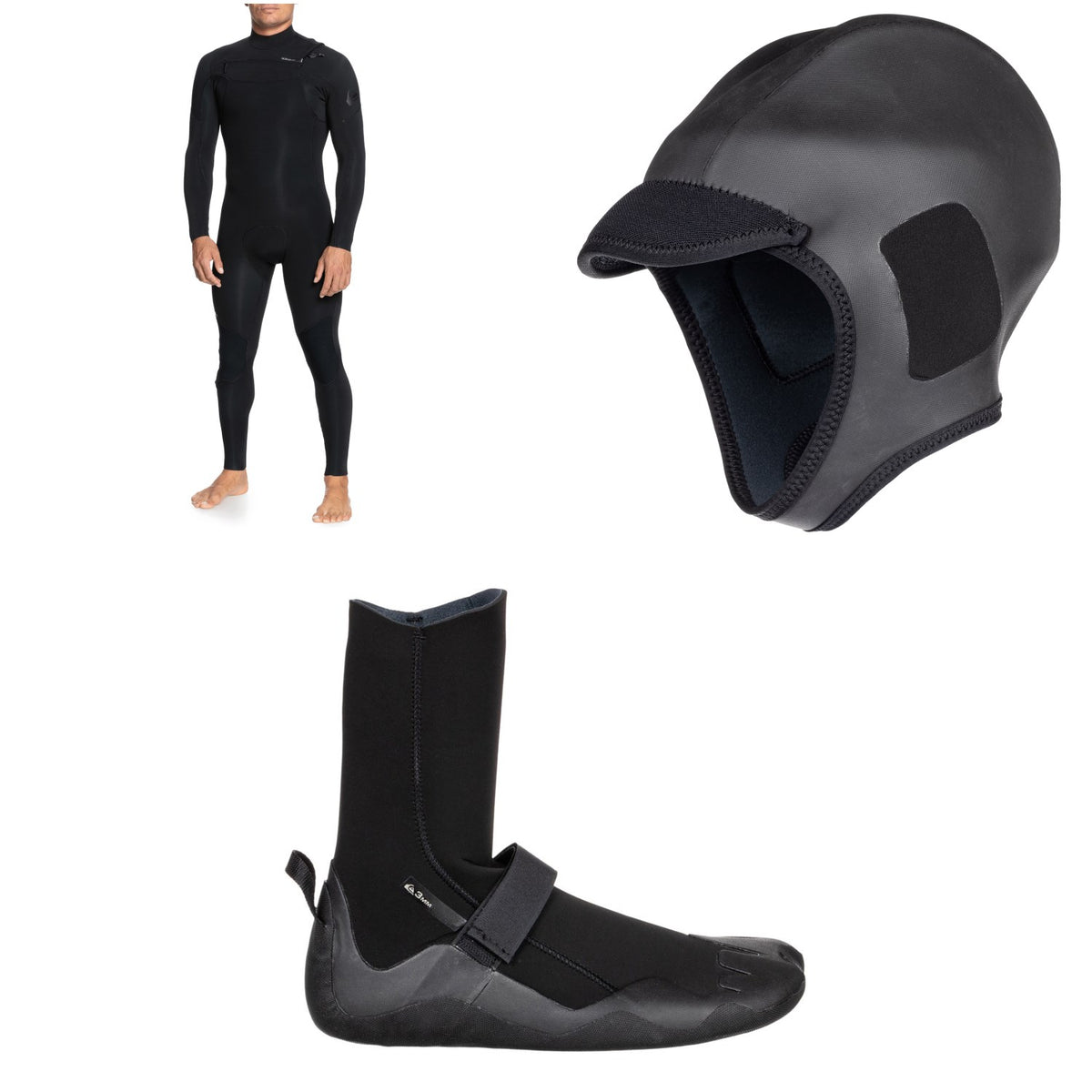 Quiksilver 4/3 Everyday Sessions Chest Zip GBS Wetsuit + 2mm M-Sessions Surf Wetsuit Cap + 3mm Everyday Sessions Round Toe Wetsuit Boots