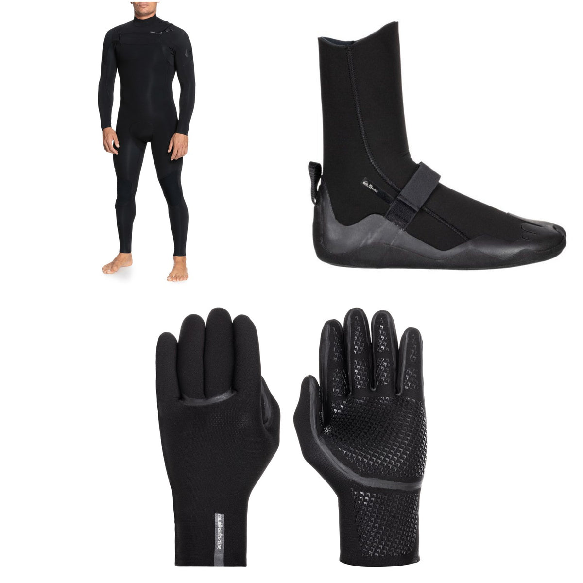 Quiksilver 5/4/3 Everyday Sessions Chest Zip GBS Wetsuit + 5mm Everyday Sessions Round Toe Wetsuit Boots + 3mm Marathon Sessions 5 Finger Wetsuit Gloves