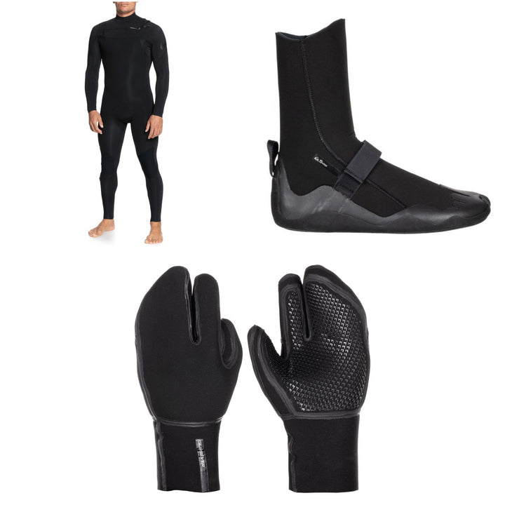 Quiksilver 5/4/3 Everyday Sessions Chest Zip GBS Wetsuit + 5mm Everyday Sessions Round Toe Wetsuit Boots + 5mm Marathon Sessions 3 Finger Wetsuit Mittens