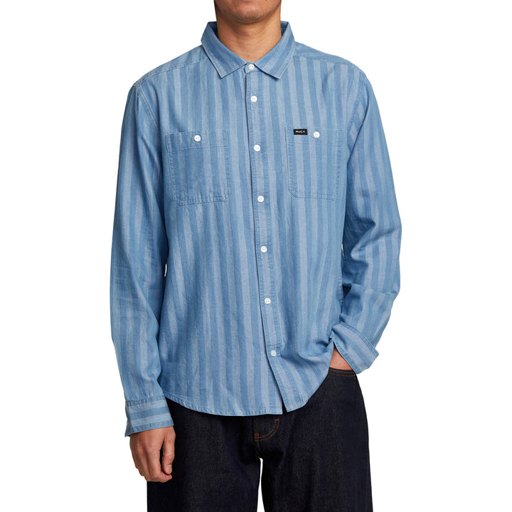 RVCA Walker Stripe Long-Sleeve Shirt - Men's Washed Indigo