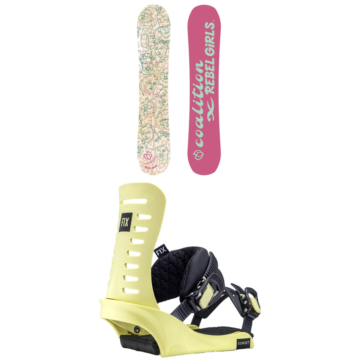 Coalition Snow Queen Bee Rebel Girls Snowboard + Fix Sunset Snowboard Bindings - Women's 2023
